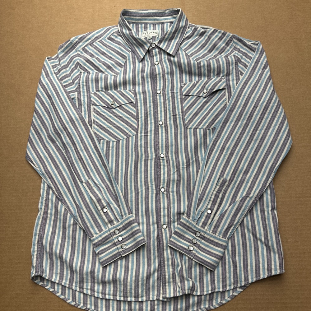 Tecovas Western Button Up Shirt Mens Sz L Blue Striped Pear Snap Made in USA